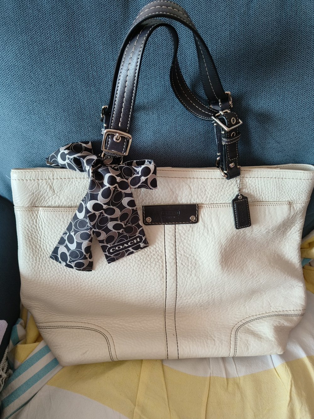 COACH White Pebbled Leather Tote with Black Handles